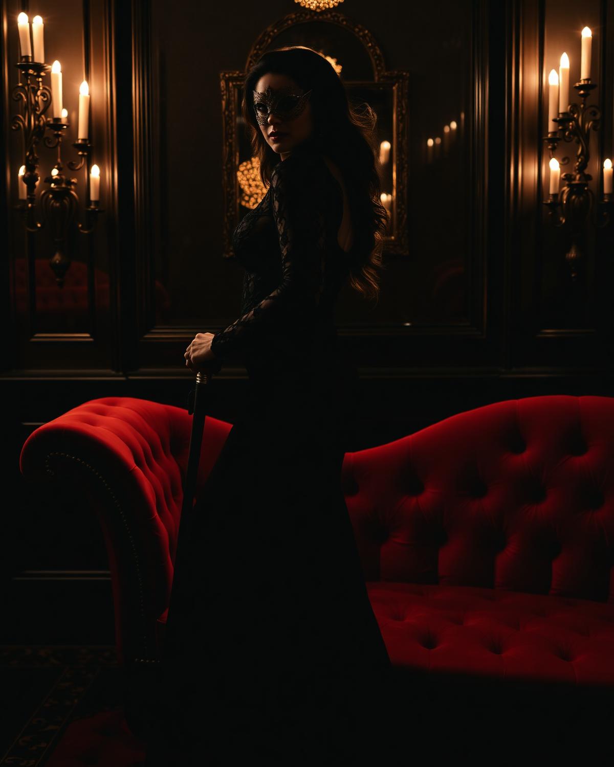 Candlelit velvet parlor with baroque mirrors
